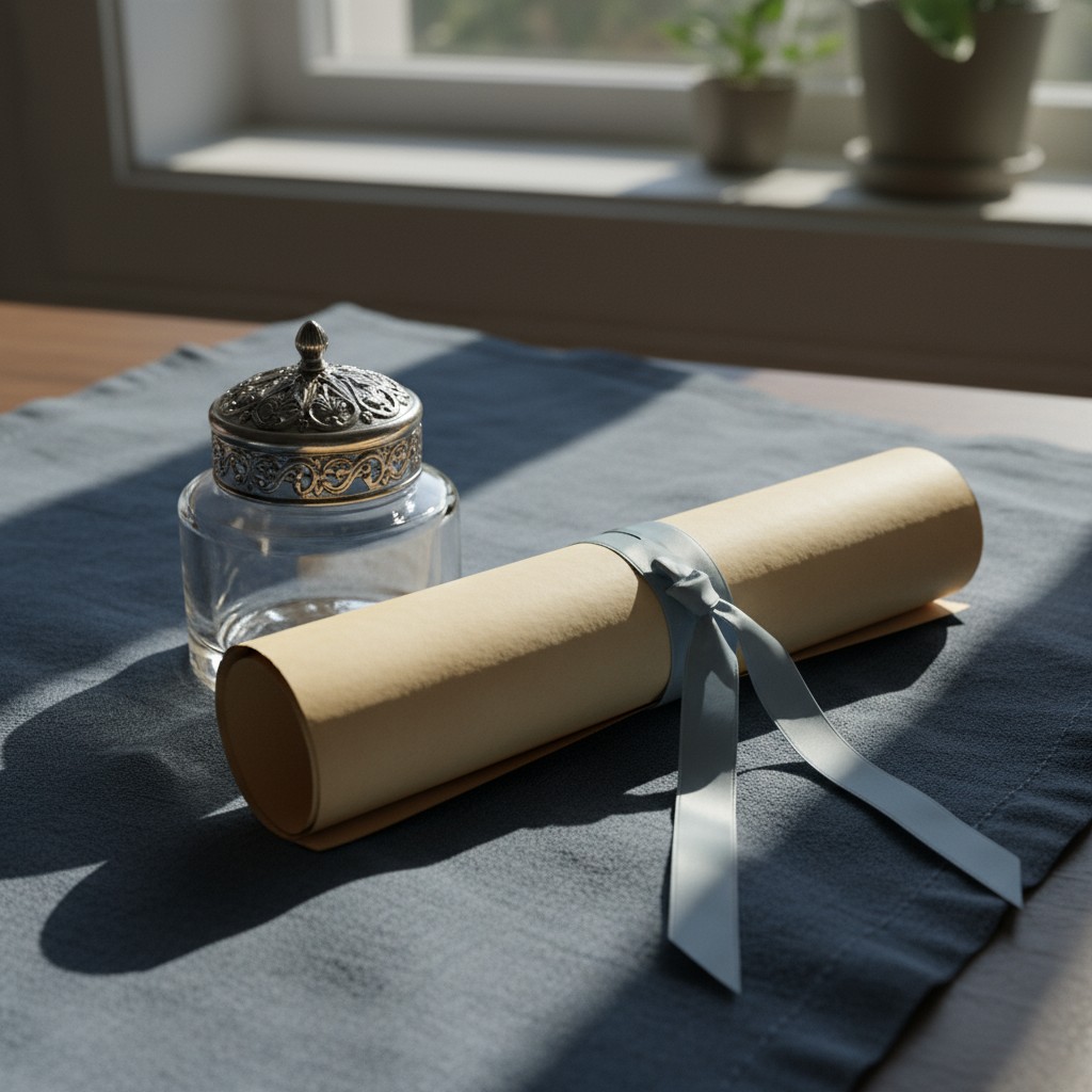 The parchment scroll, tied with a pale blue ribbon, sits on a grey fabric beside a glass jar with a silver lid.