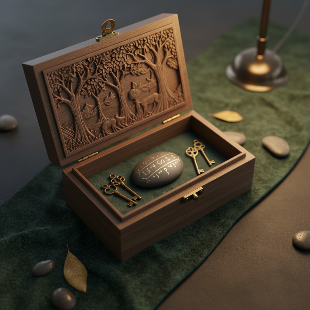 "The box is opened to reveal three keys and an egg with writing. The wooden box is placed on a green fabric, surrounded by...
