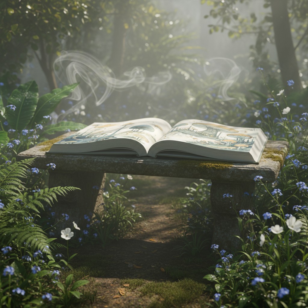 Ancient stone bench with open book, surrounded by foliage, a magical glow, and flowing white smoke.
