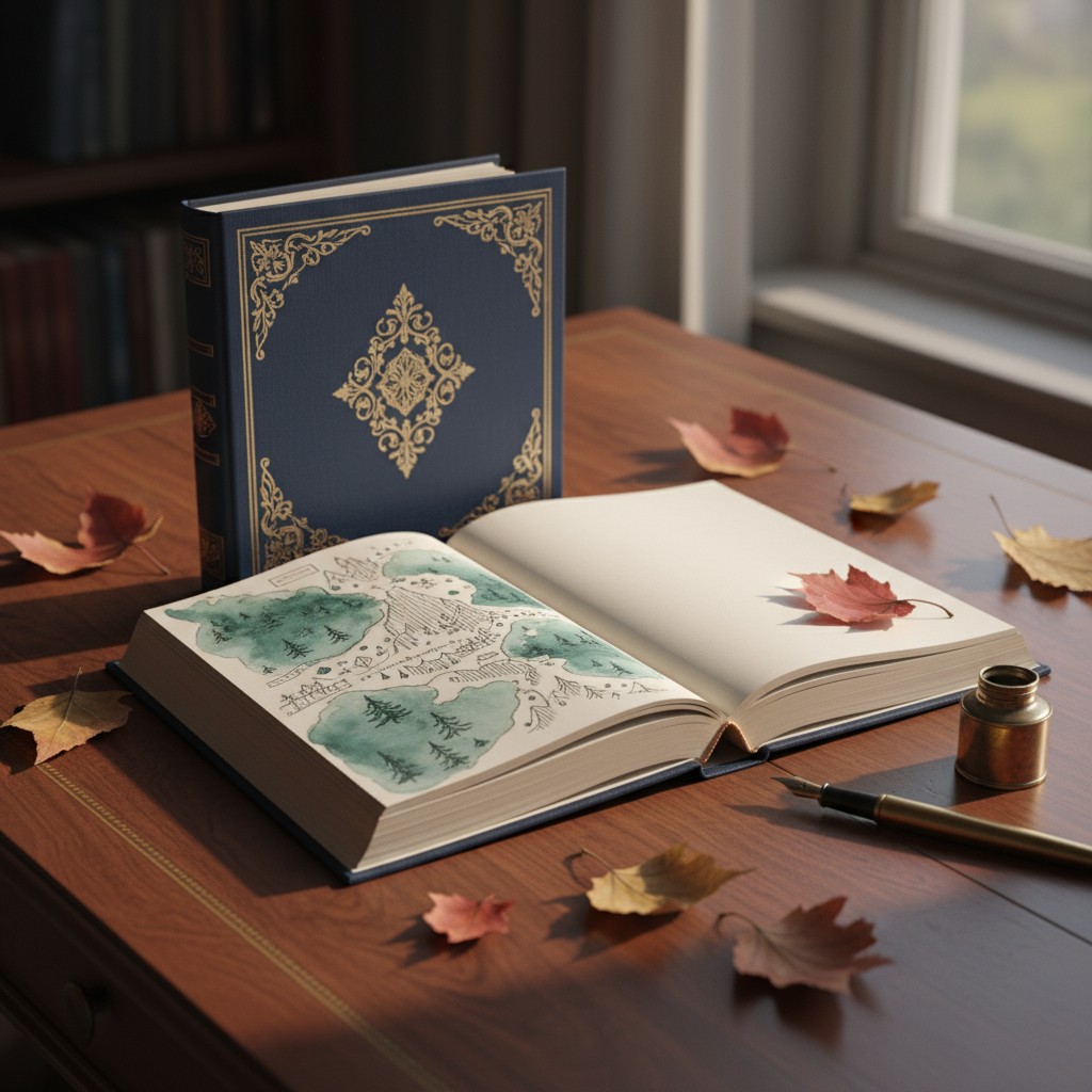 A book with a blue leather binding and ornate gold filigree, left open on a table surrounded by dried maple leaves. Outsid...