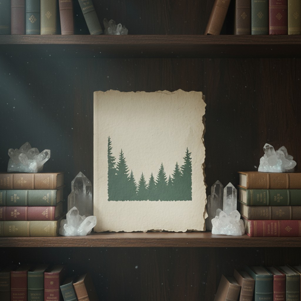 alt-text A dark wood bookshelf is shown with various objects on its shelves. The bookshelf is wood with dark brown grain, ...