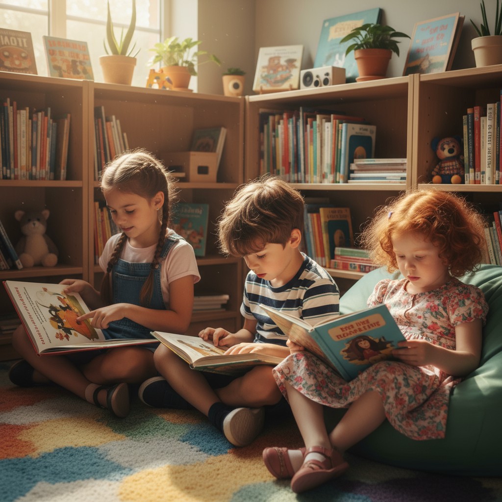 Three children sitting on a rug, looking at books; surrounded by shelves of books and a window.