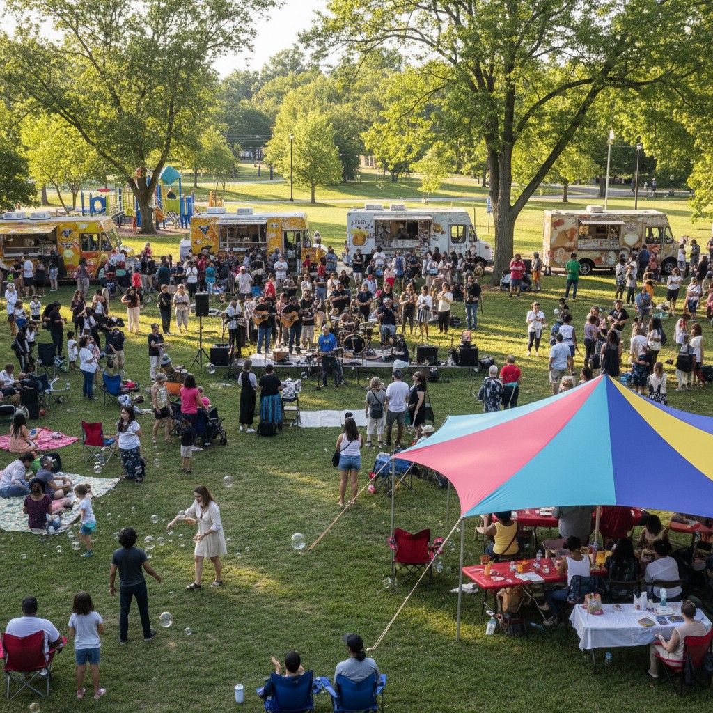 Crowd of people gathered in a park and eating at food trucks.