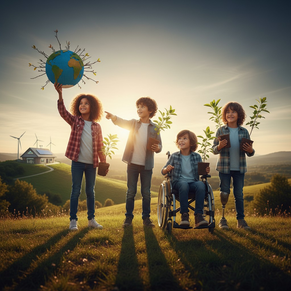 This image shows a diverse group of young people holding potted plants and standing in a grassy field.